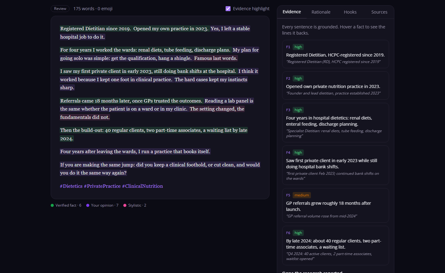 The Blendpost editor: a LinkedIn draft with every sentence highlighted by evidence type and a panel of the facts backing each line.